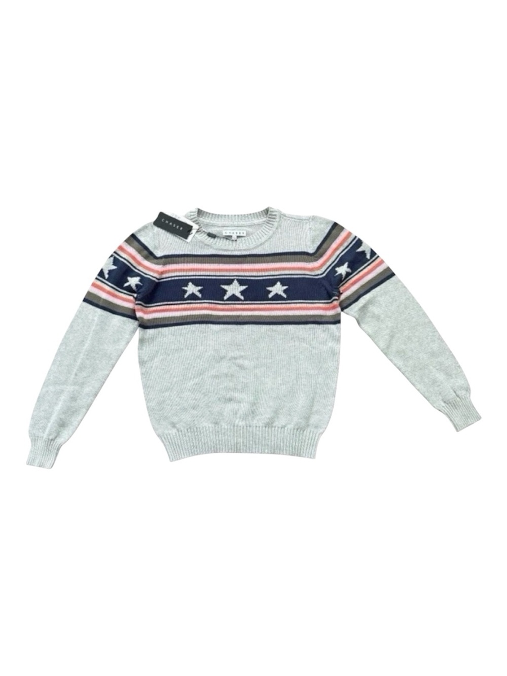 NWT Chaser Stars & Stripes Cotton Knit Oversized Sweater Heather Gray Large $108
